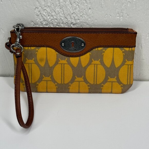 Vintage Fossil Key-Per Wristlet Yellow Coated Canvas & Brown Leather Zip Clutch - Picture 1 of 6